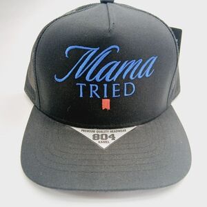 Black Trucker Hat with Blue 'Mama Tried' Embroidery